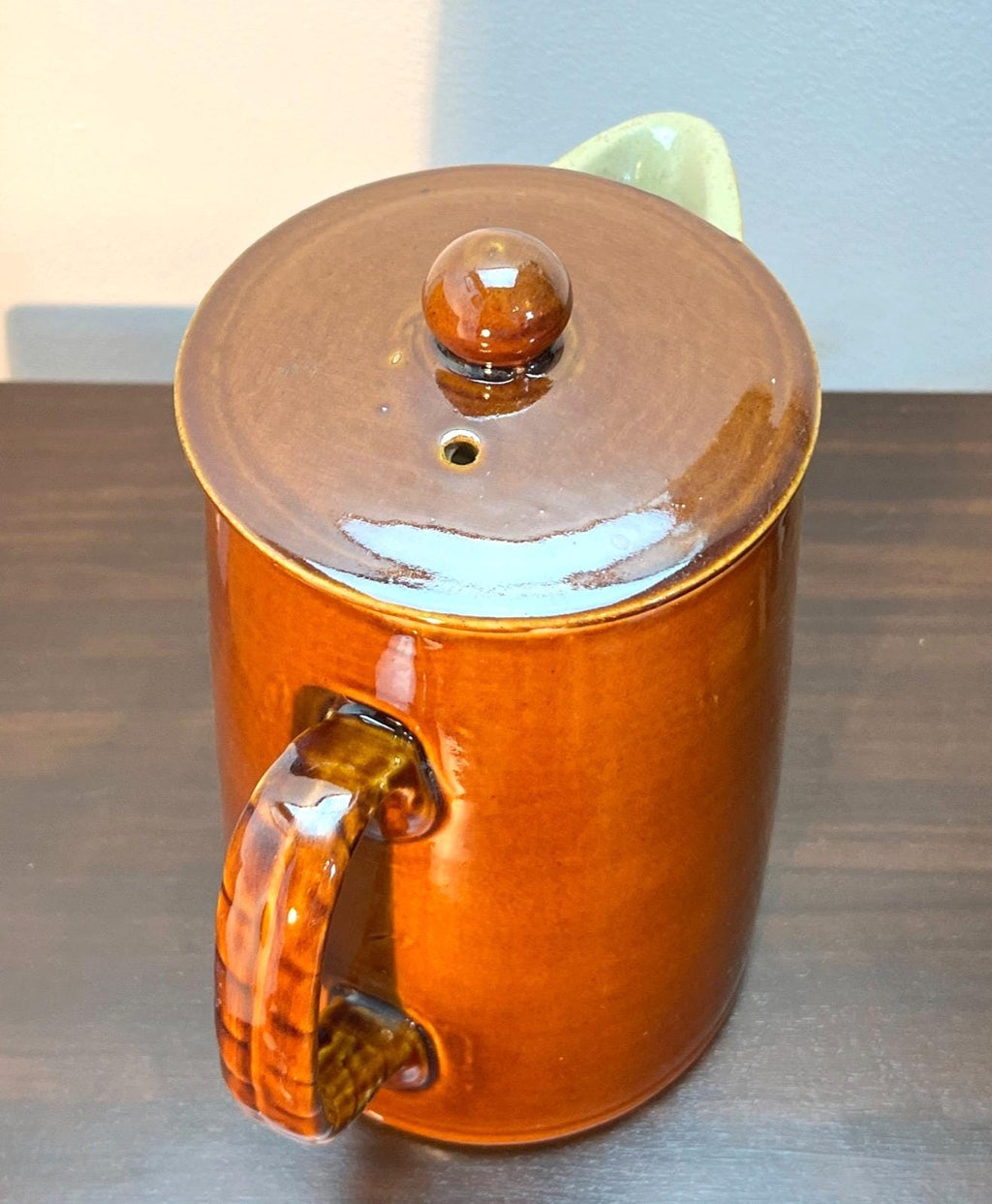 Vintage Brown Glazed Stoneware Coffee Pot with Lid – Rustic Retro Kitchenware