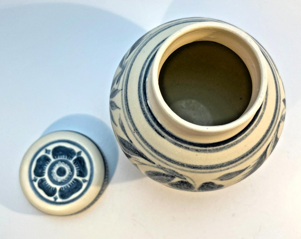 Muriel p wright pottery jar, vintage blue white salt glaze lidded signed 1970s