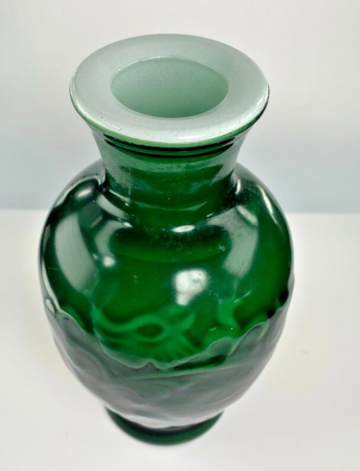 Vintage 1981 Avon Jade Green Glass Vase: Embossed Floral Scented Decor