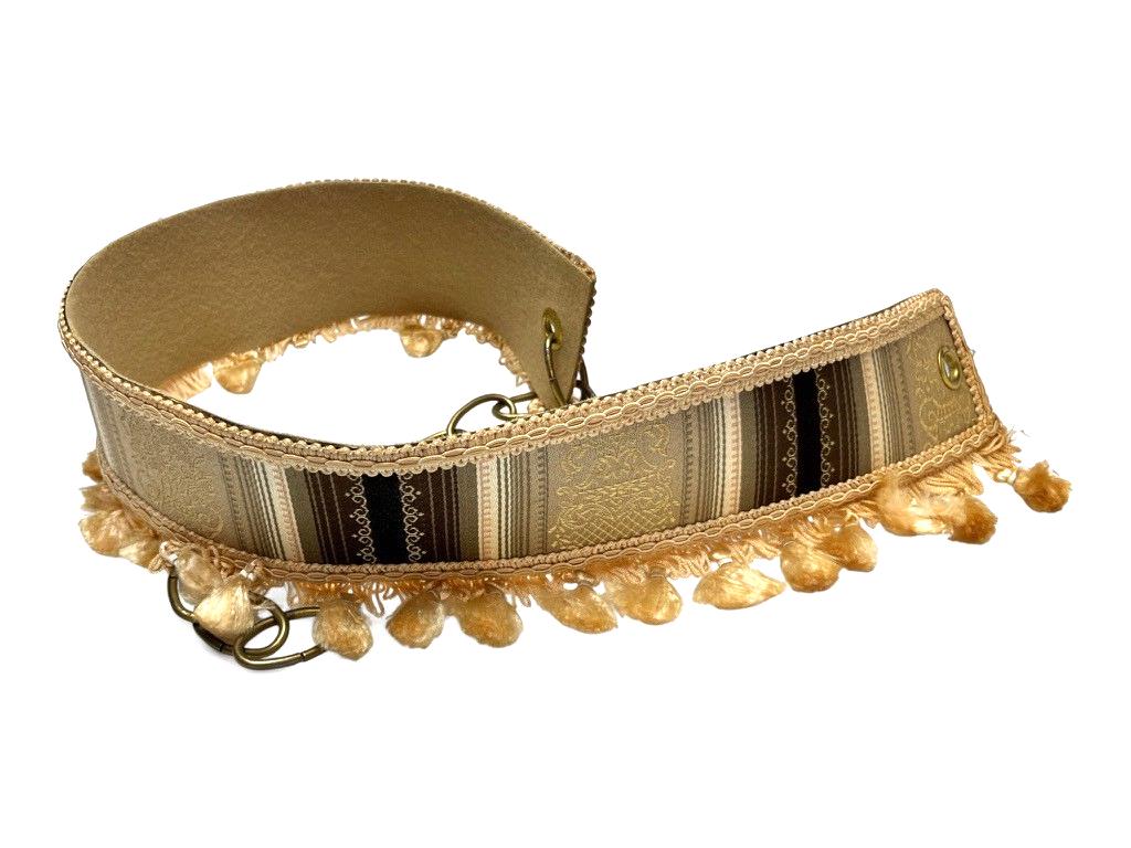 2 Pairs Mid Century Curtain Tie Backs Gold & Brown Fabric with Tassels and Chain