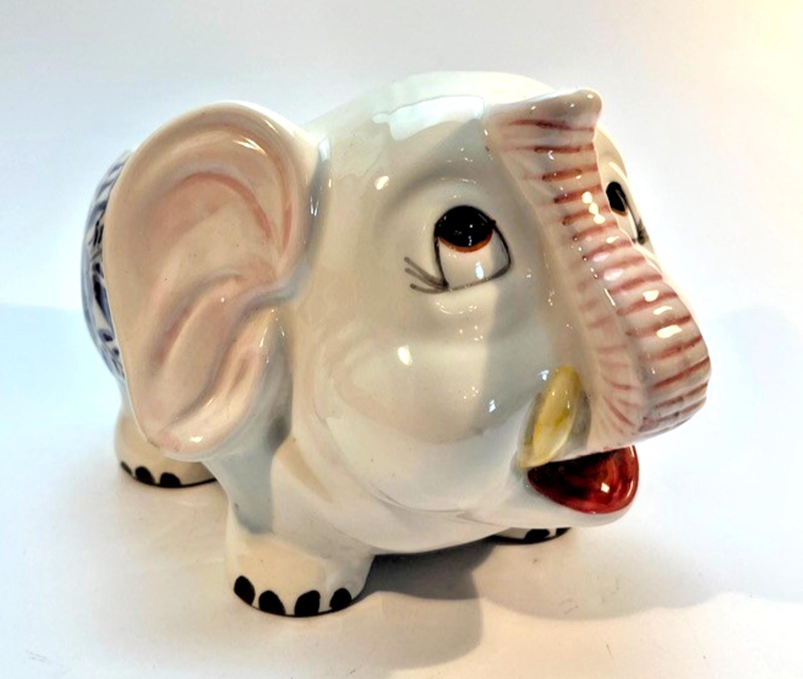 Vintage Ceramic Elephant Planter, Hand Painted Kitsch Plant Pot Figurine 20cm