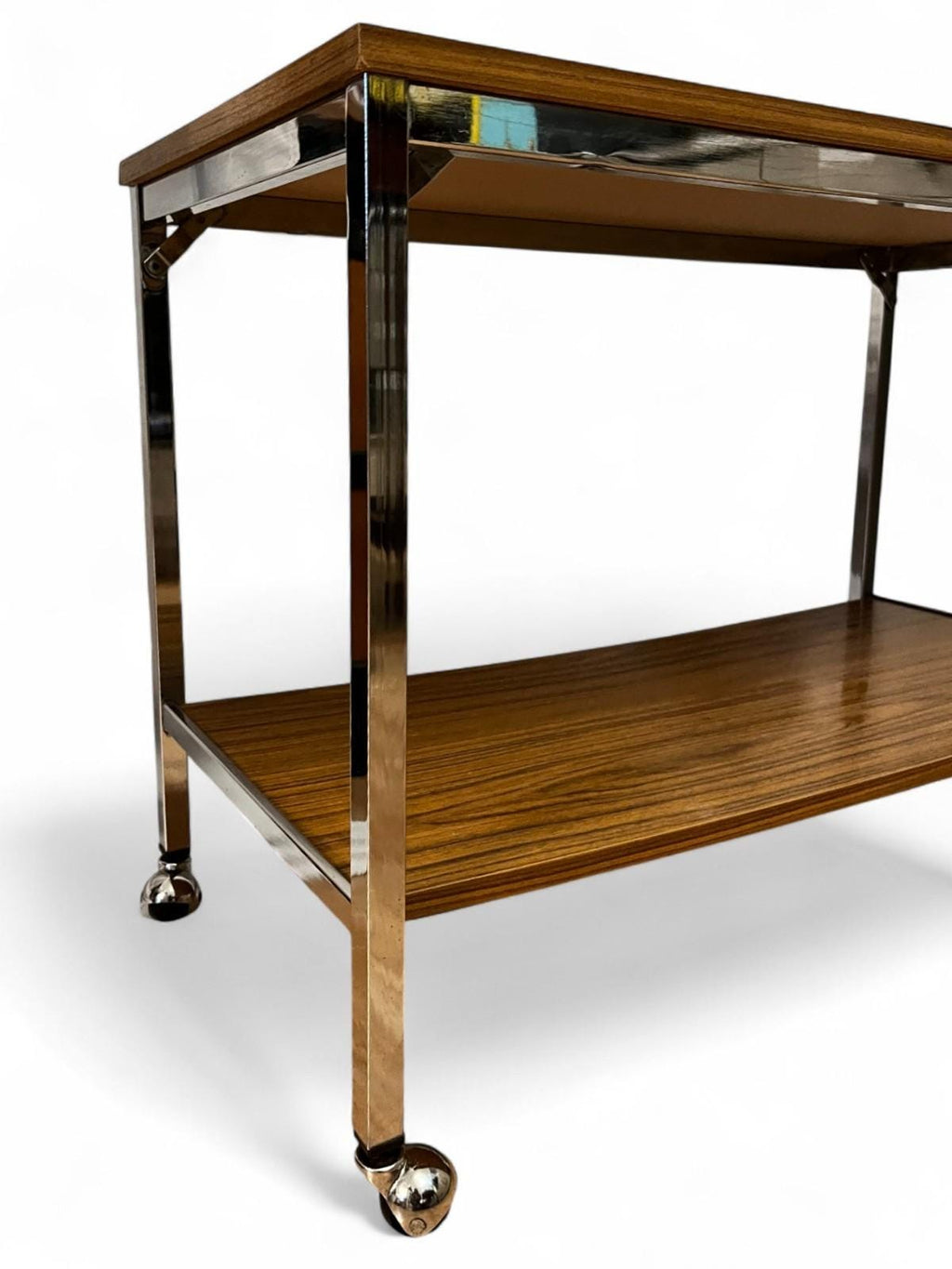 Mid Century Chrome & Teak Effect Side Table / Drinks Trolley on Castors 80cm