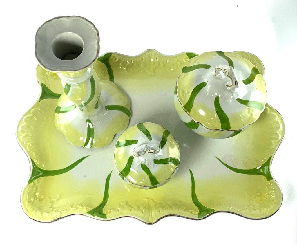 Antique Vanity Set Porcelain Tray, 2 Lidded Jars & Candlestick Holder, 1900s