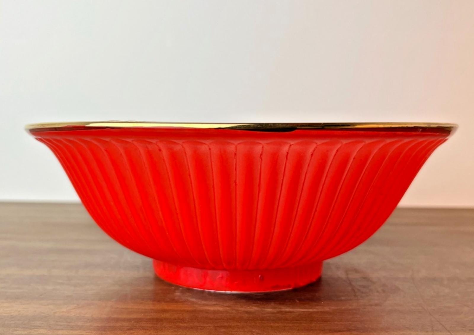 1950s Serving Bowl in Red & Clear Glass. Rippled Glass Pattern
