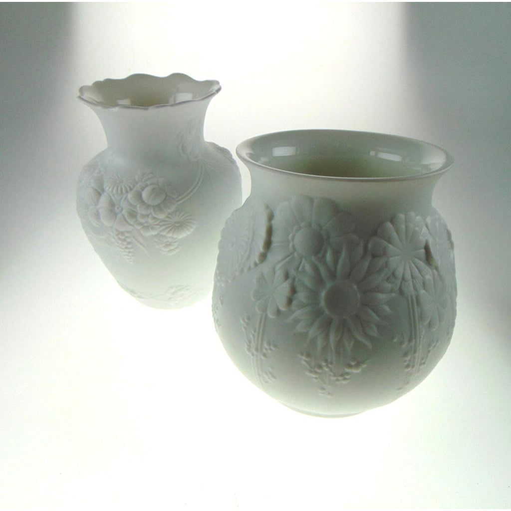 1960s Kaiser Bisque Porcelain Vases White West German Pair Squat & Bouquet