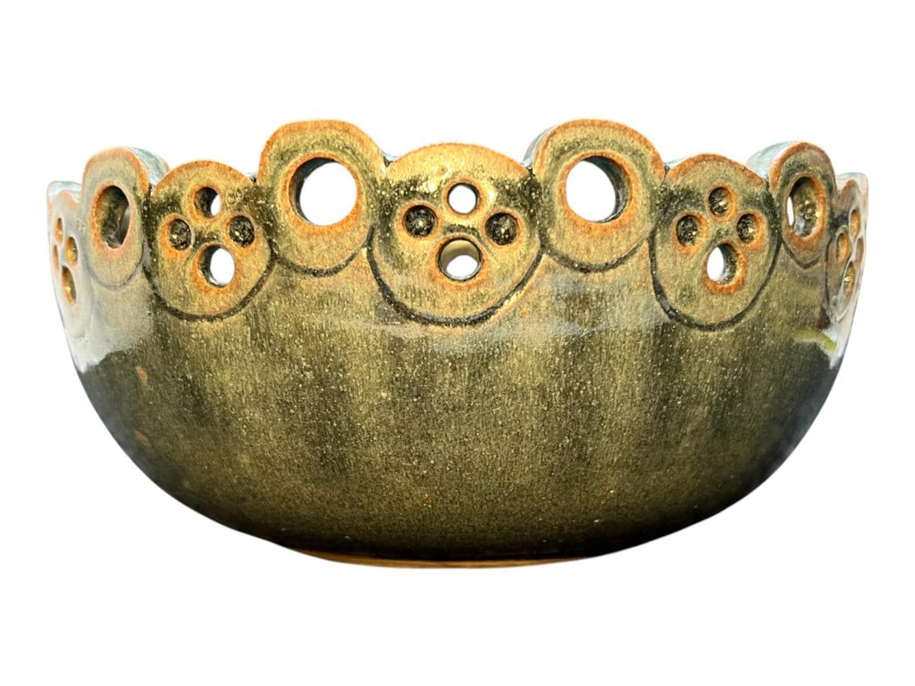 Studio Pottery Bowl Green Celadon Glaze Pierced Rim Signed Syl Macro 20cm Width