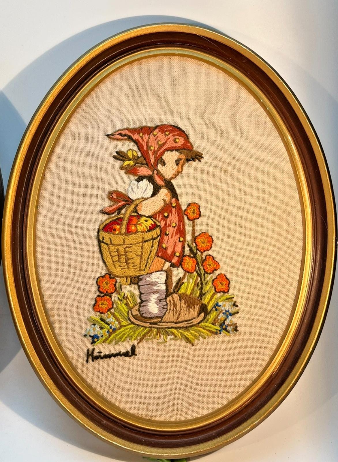 1970s Hummel Embroidery Framed Pictures. Vintage Needlepoint, German Wall Art