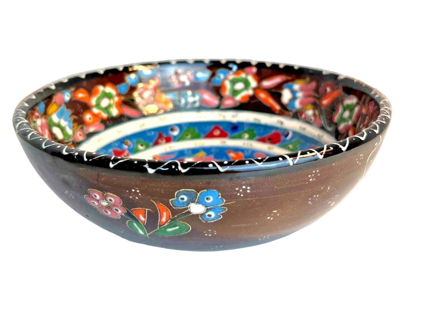 Vintage Turkish Hand Painted Floral Ceramic Pottery Bowl Trinket Dish W16cm H6cm