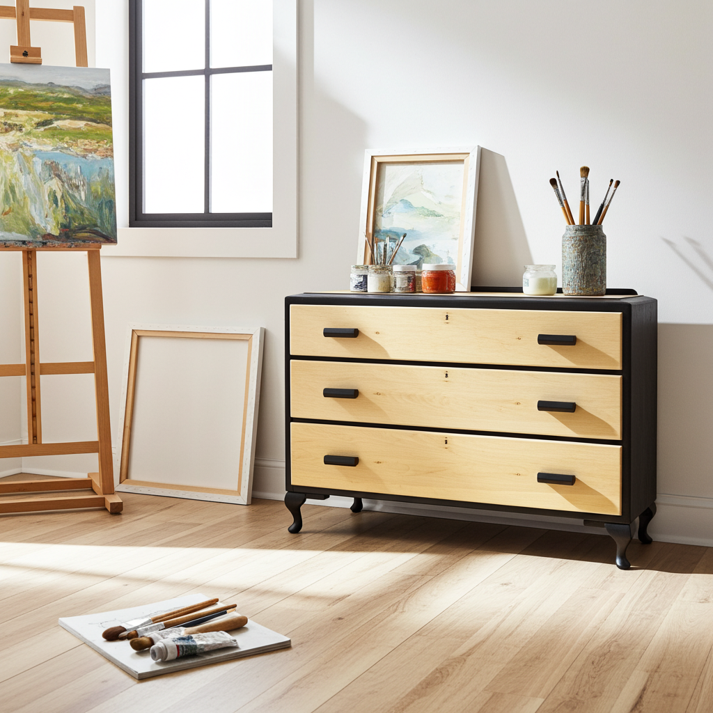 Modern Rustic Chest of Drawers Black & Natural Wood Industrial Style, Edwardian