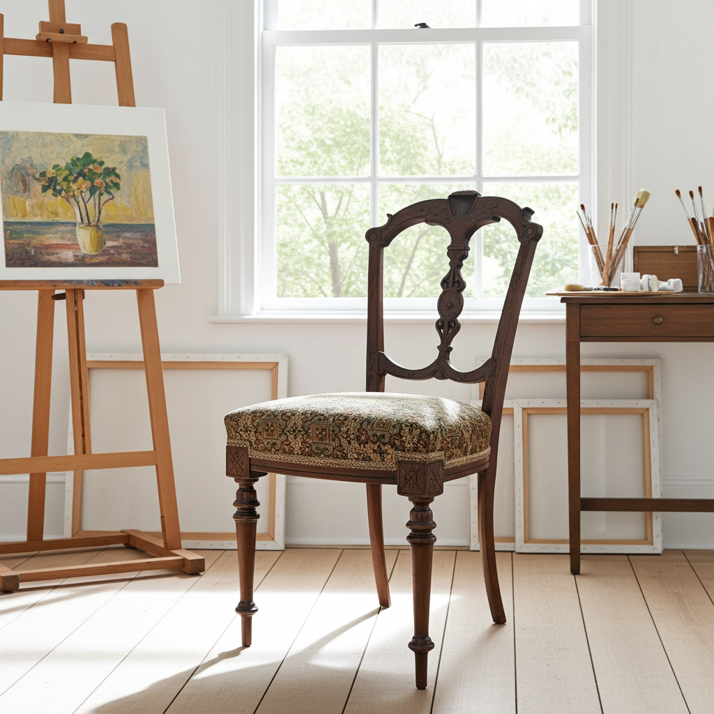 Antique Edwardian Carved Wooden Dining Chair – Upholstered Seat Side Chair