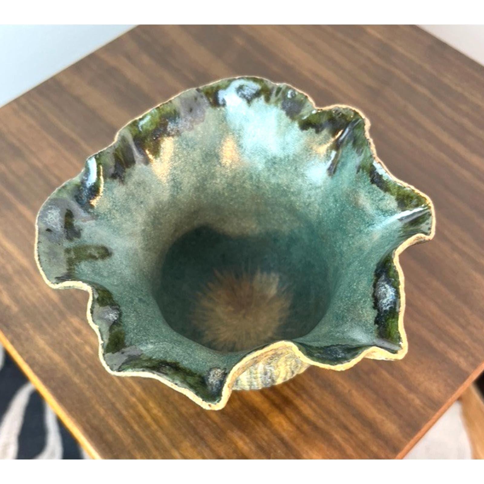 Signed handmade ikebana vase, vintage handkerchief pottery vase green sculptural