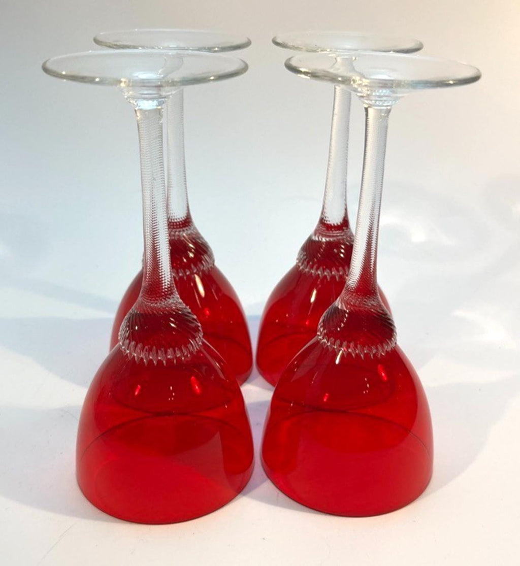 4 Bohemia Red Liquor Glasses Twisted Stem Glasses H14cm Mid Century Drinking VGC