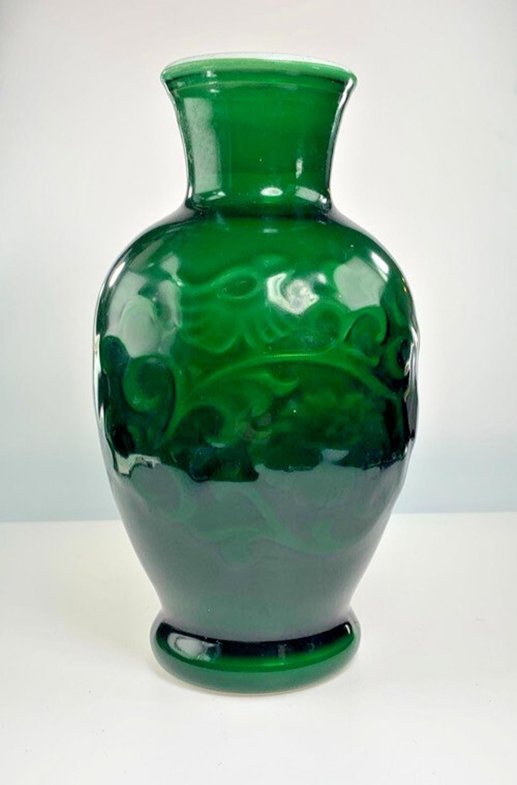 Vintage 1981 Avon Jade Green Glass Vase: Embossed Floral Scented Decor