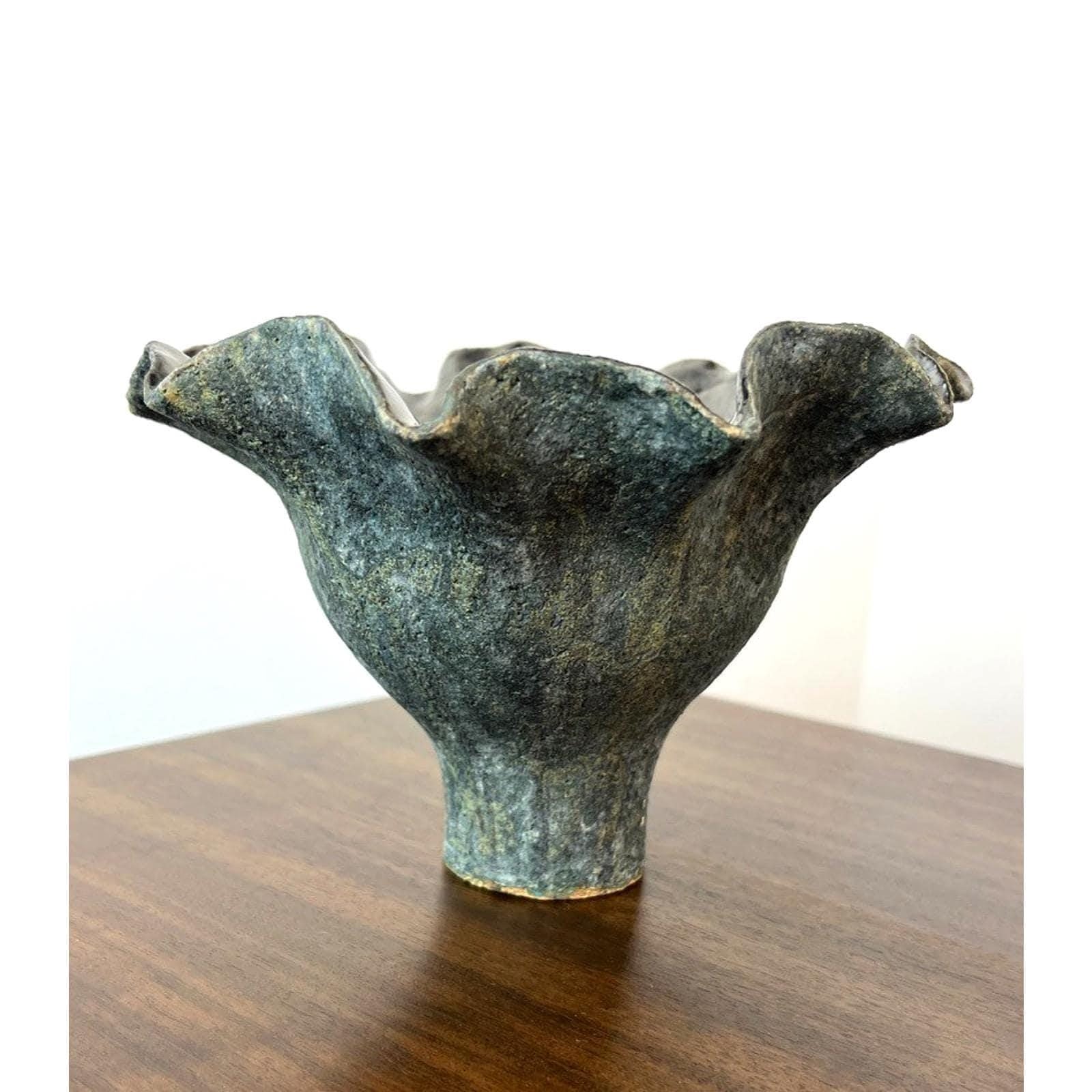 Signed handmade ikebana vase, vintage green handkerchief pottery, art sculpture