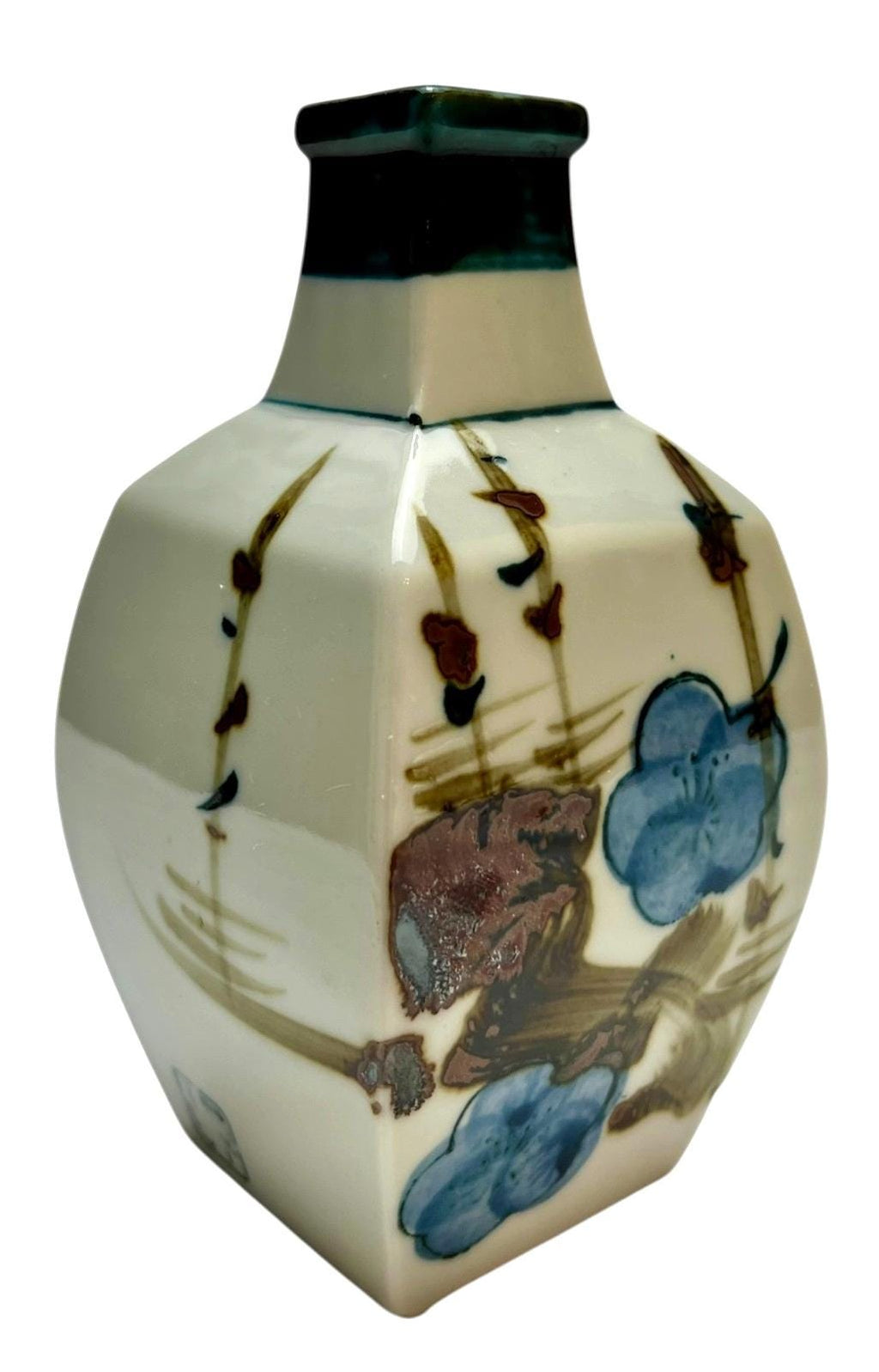 Japanese porcelain sake bottle square 14cm hand painted floral in blue/brown. Antique decorative bottle or vase