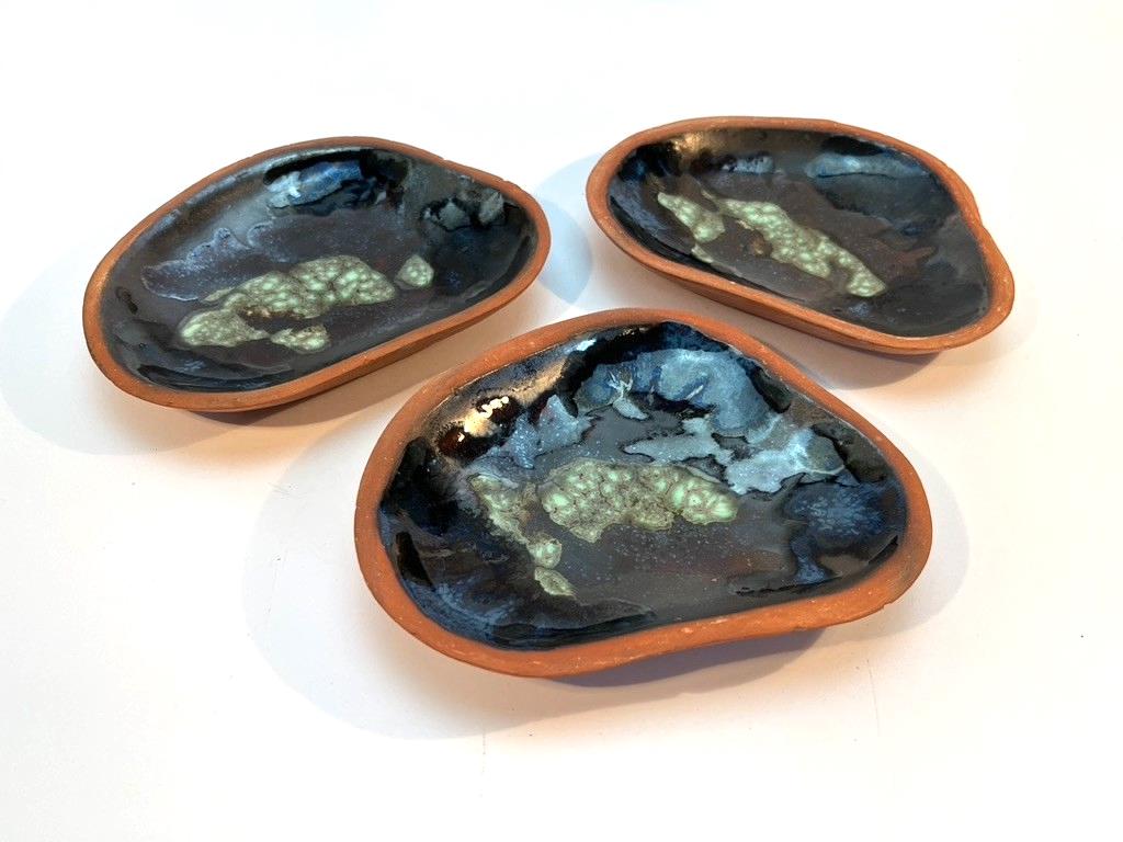 Vintage blue & green glazed terracotta trinket dish trio – handmade set