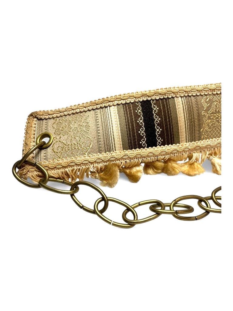 2 Pairs Mid Century Curtain Tie Backs Gold & Brown Fabric with Tassels and Chain
