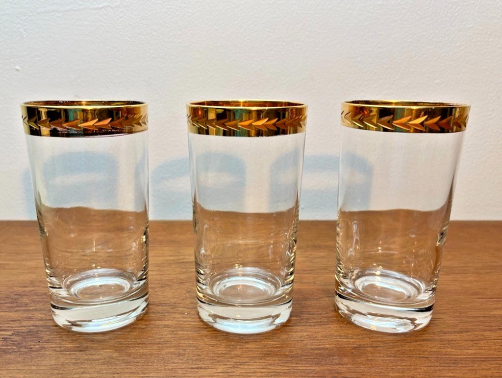 Set of 3 Vintage Retro Highball Glasses with 22ct Style Gold Rim, Barware