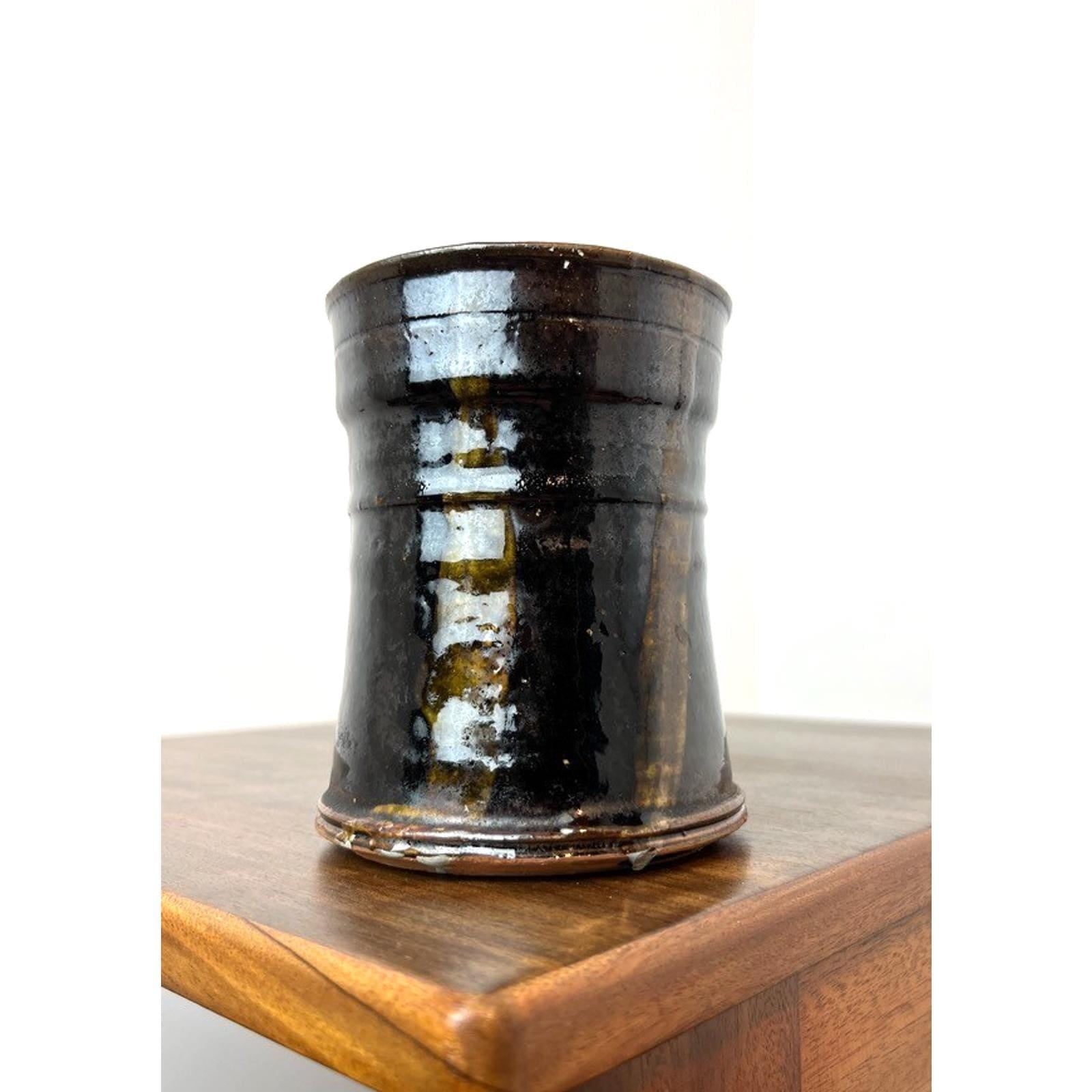 Signed studio pottery vase, gloss brown & olive enamel ceramic, vintage lw 1986