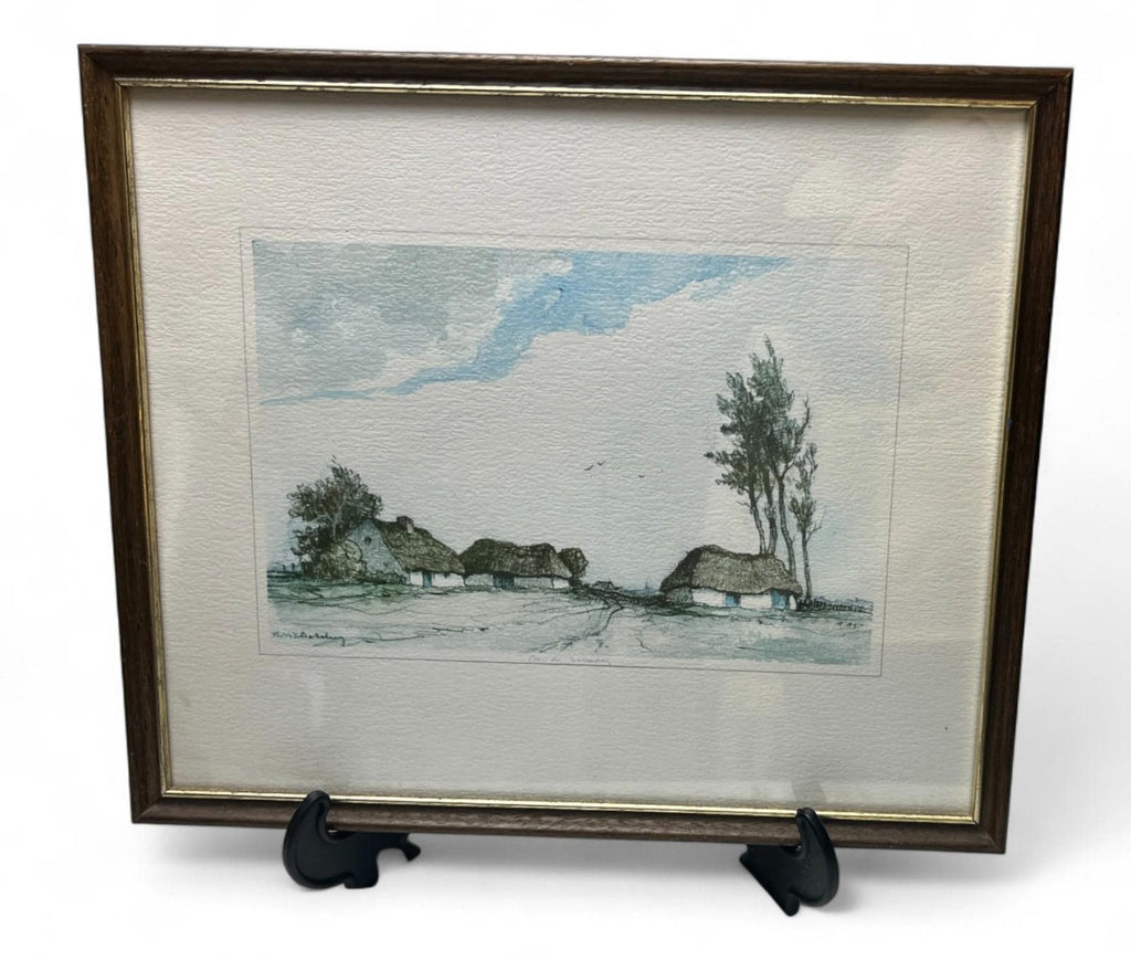Framed Etching “In de Kempen” by Dirk Baksteen (1886–1971) Thatched Cottage