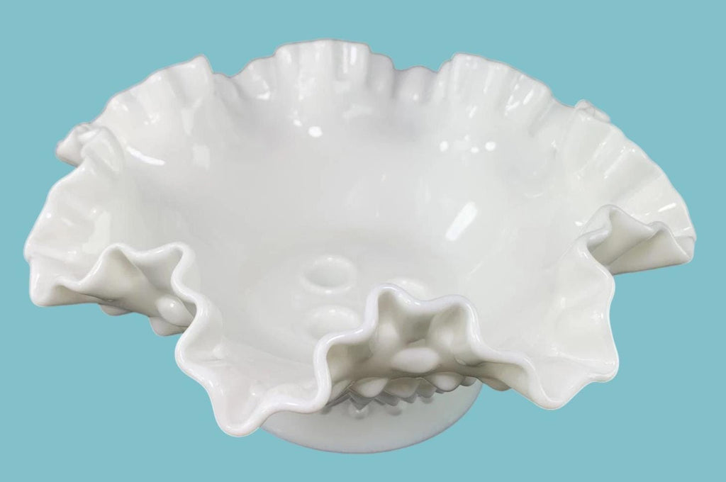 Art Deco Fenton Hobnail Milk Glass Pedestal Bowl Vintage White Vase 20cm