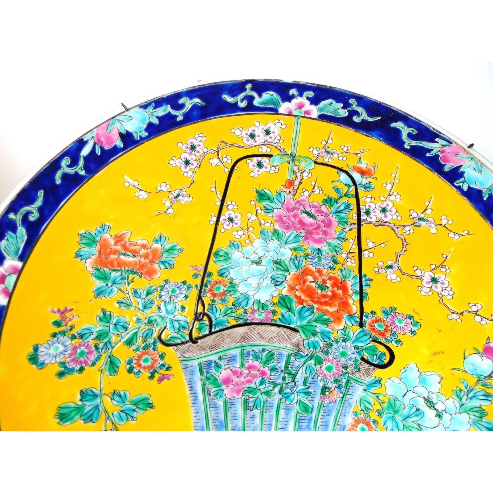 1900s Japanese Charger Plate 16 Inch. Oriental Charger in Yellow & Floral Detail