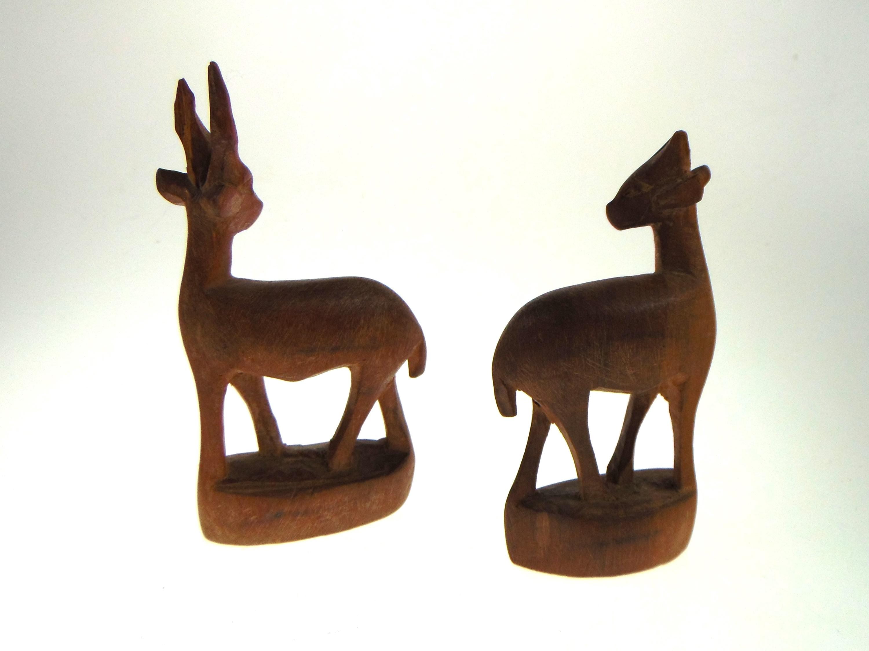 Vintage African Wood Carved Antelope Pair: Mid-Century Animal Decor