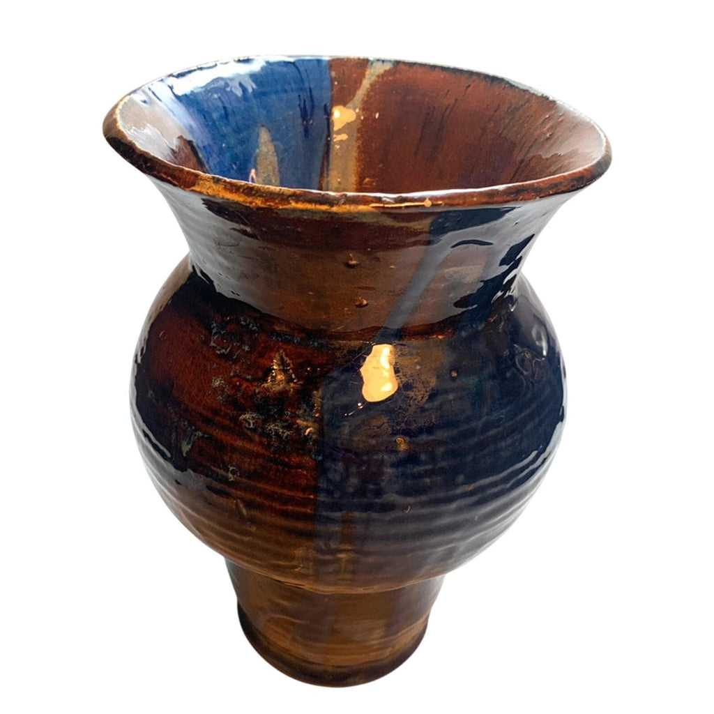 Vintage Handmade Pottery Vase: Blue Drip Glaze, Mid-Century Enamel