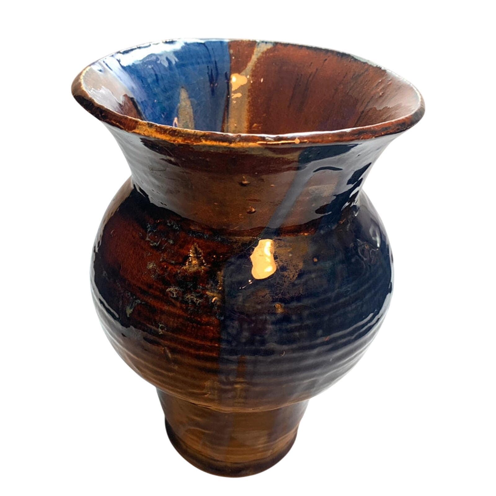 Vintage Handmade Pottery Vase: Blue Drip Glaze, Mid-Century Enamel
