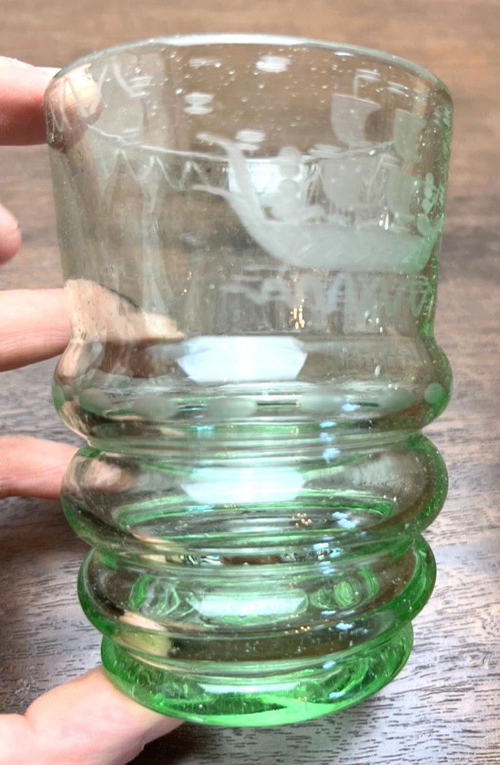 Vintage Green Etched Glass Tumbler – Sailing Ship Motif, Ribbed Base, 10 cm