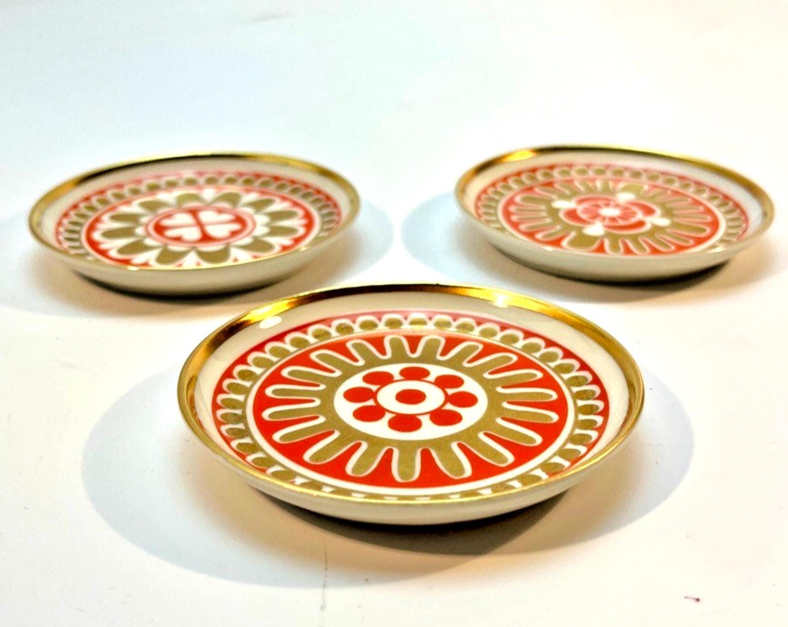 Vintage Porsgrund Porcelain Coasters Norway Set of 3 Rare Pattern 71 Orange VGC