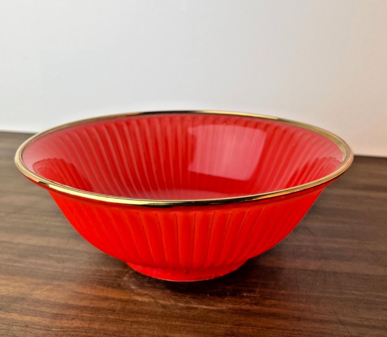 1950s Serving Bowl in Red & Clear Glass. Rippled Glass Pattern