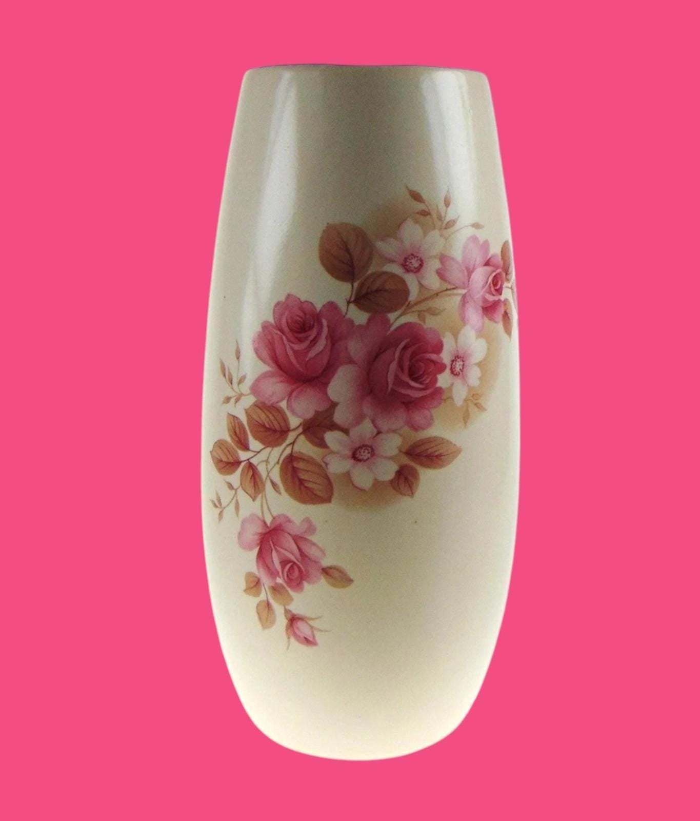 Vintage New Devon Pottery Vase – 1950s Pink & Cream Floral Ceramic Flower Vase