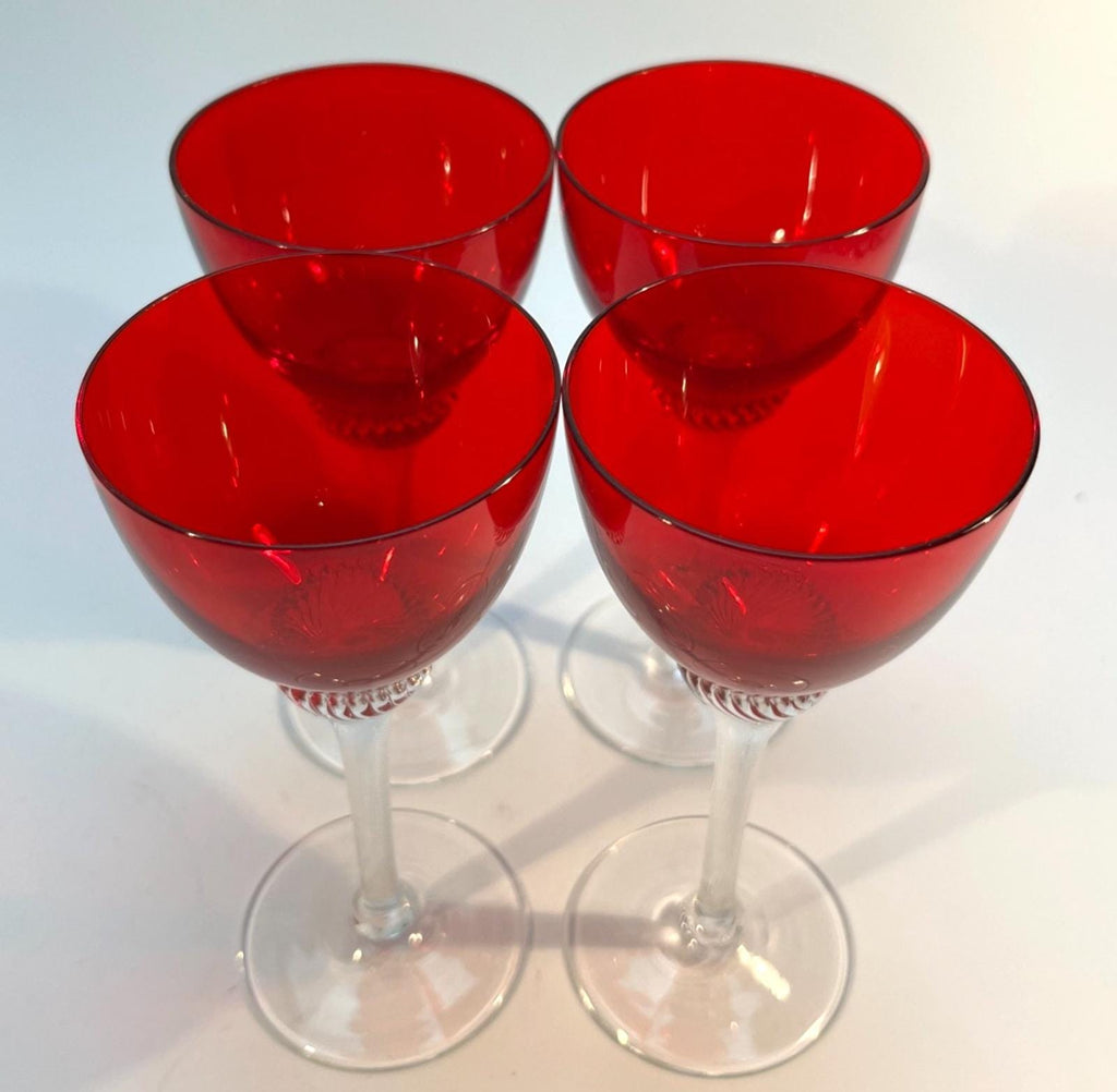 4 Bohemia Red Liquor Glasses Twisted Stem Glasses H14cm Mid Century Drinking VGC