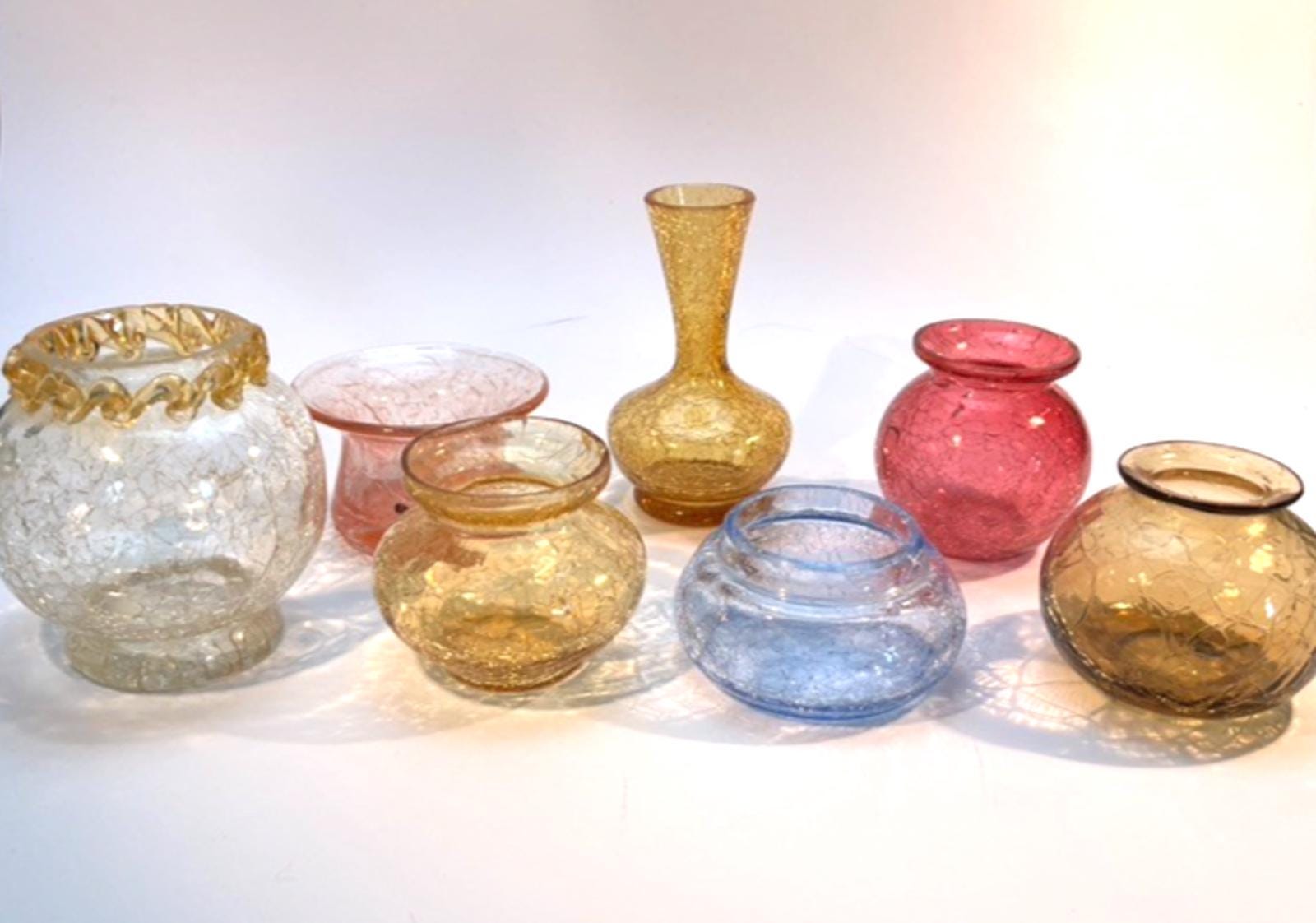Vintage Crackle Glass Collection: Amber & Blue Jugs, Bowls, Dish (16 Piece Set