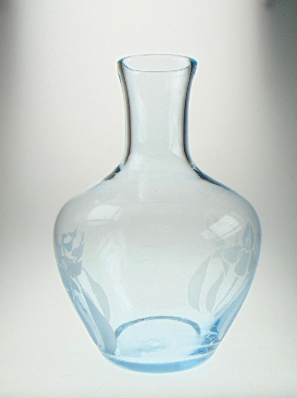 Vintage Ice Blue Glass Flower Vase: Acid Etched Floral Motif