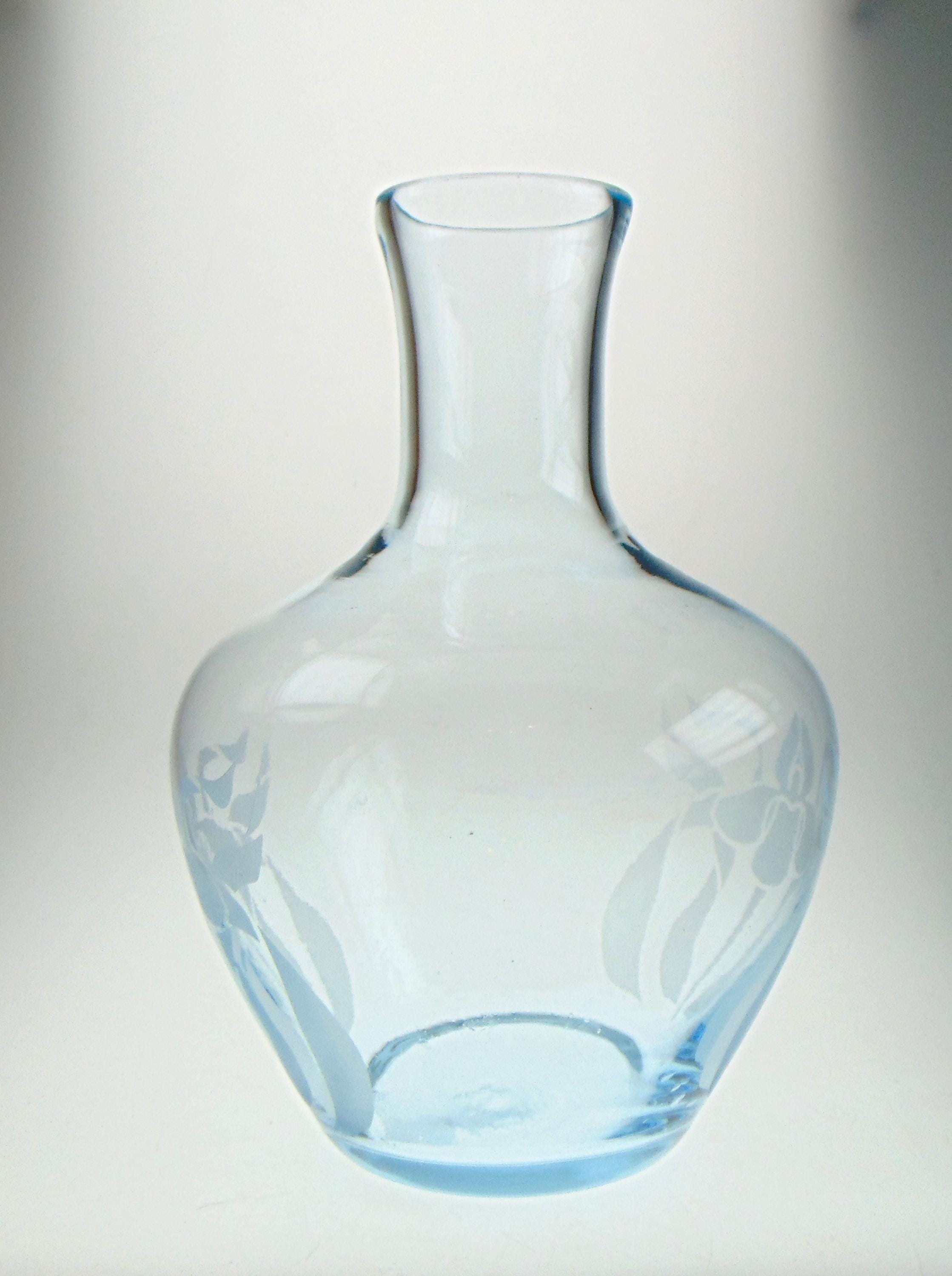 Vintage Ice Blue Glass Flower Vase: Acid Etched Floral Motif