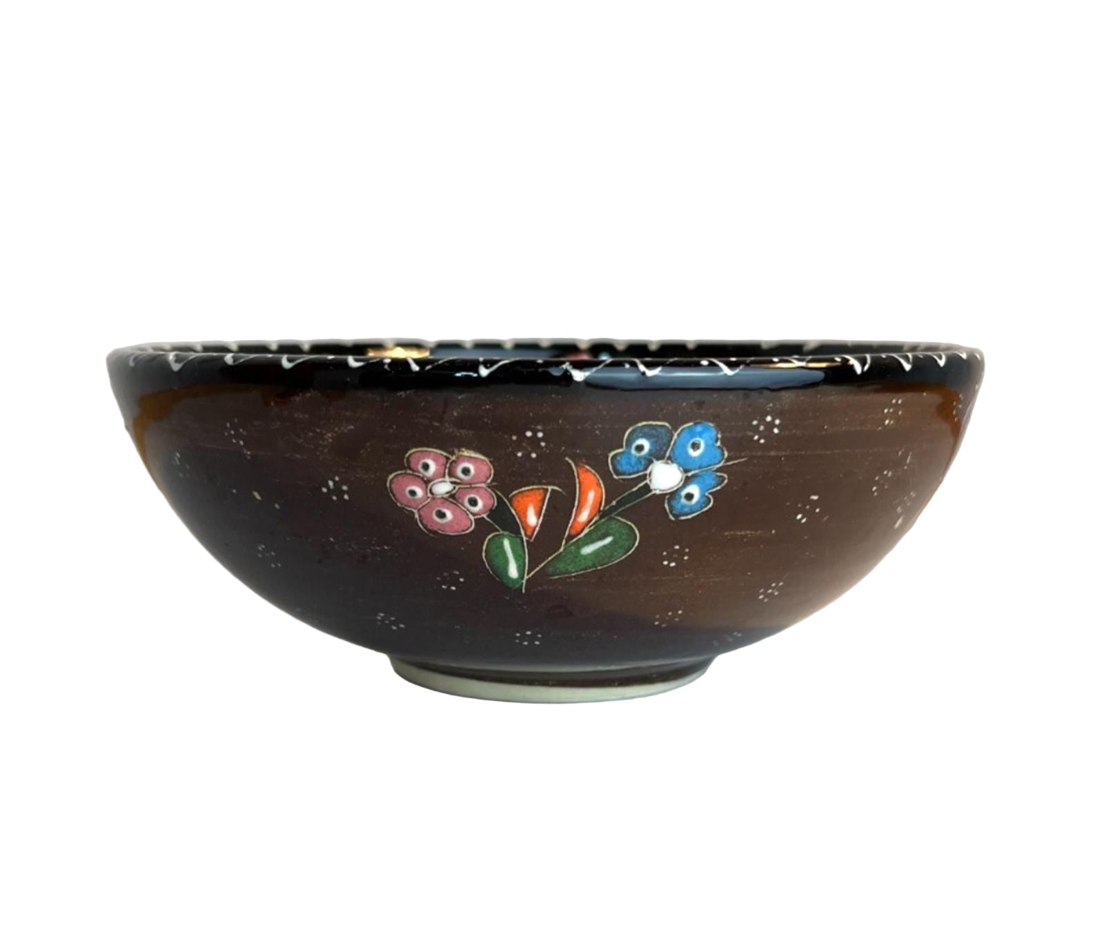 Vintage Turkish Hand Painted Floral Ceramic Pottery Bowl Trinket Dish W16cm H6cm