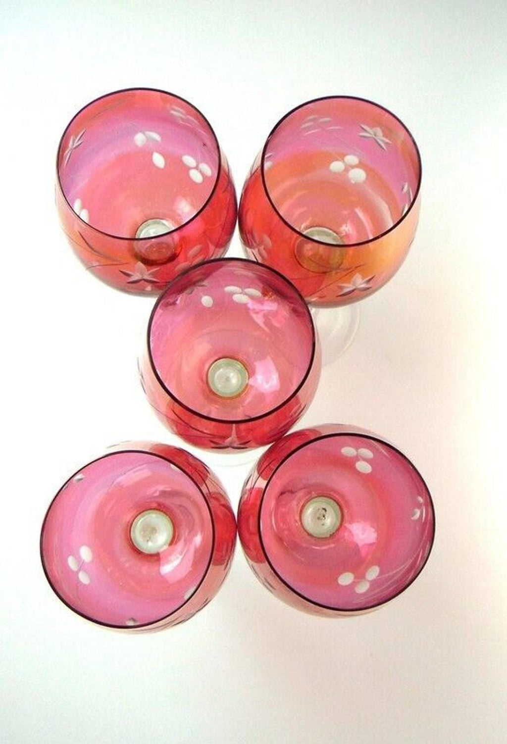 5 Mid Century Crystal Wine Glasses in Cranberry Glass with Etched Floral Detail