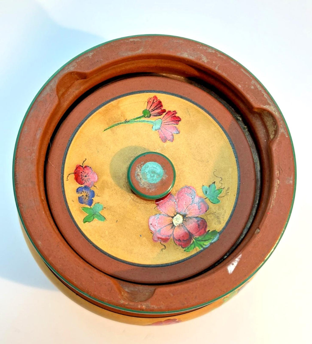 Vintage Pottery Tobacco Jar Handmade Terracotta Hand Painted Tobacciana
