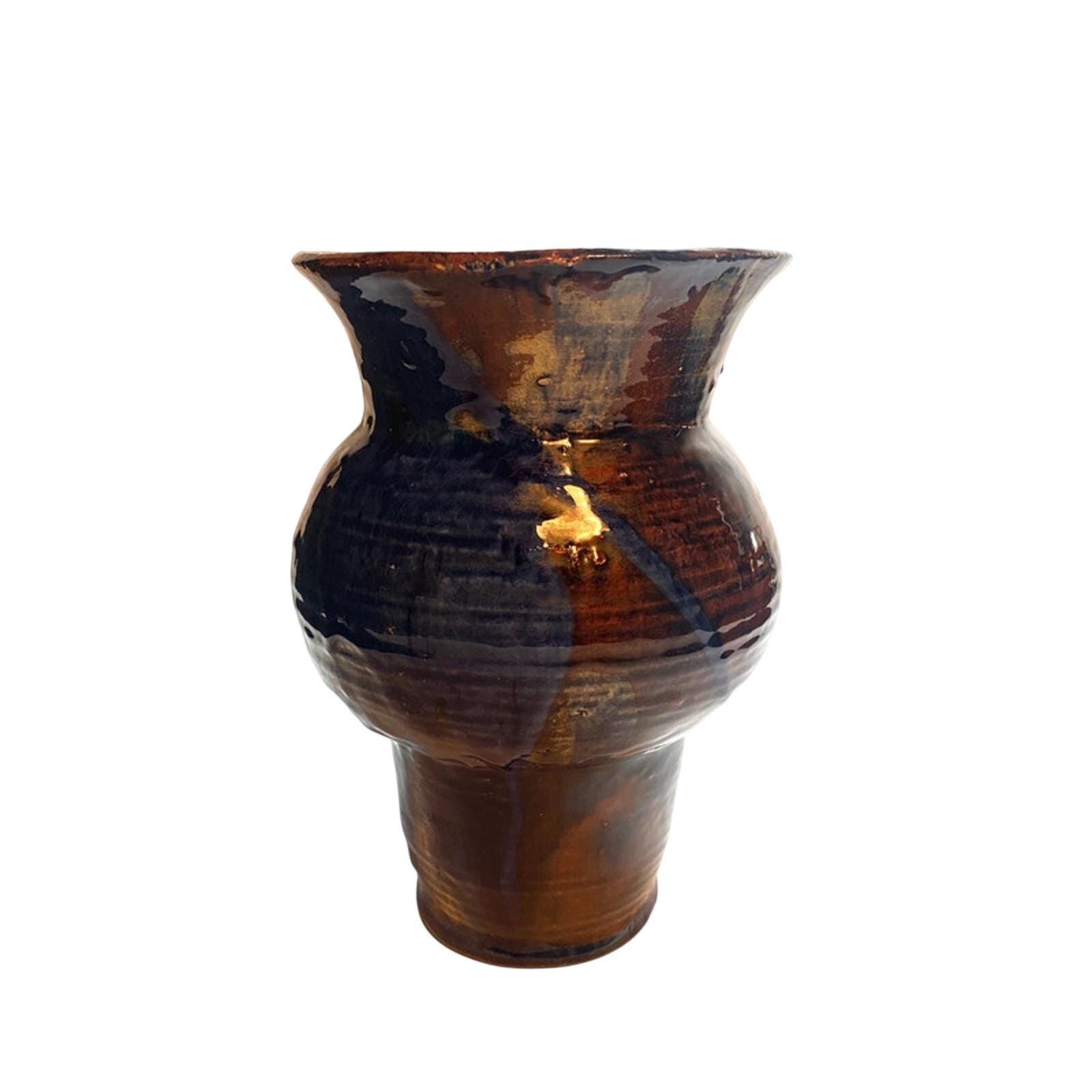 Vintage Handmade Pottery Vase: Blue Drip Glaze, Mid-Century Enamel