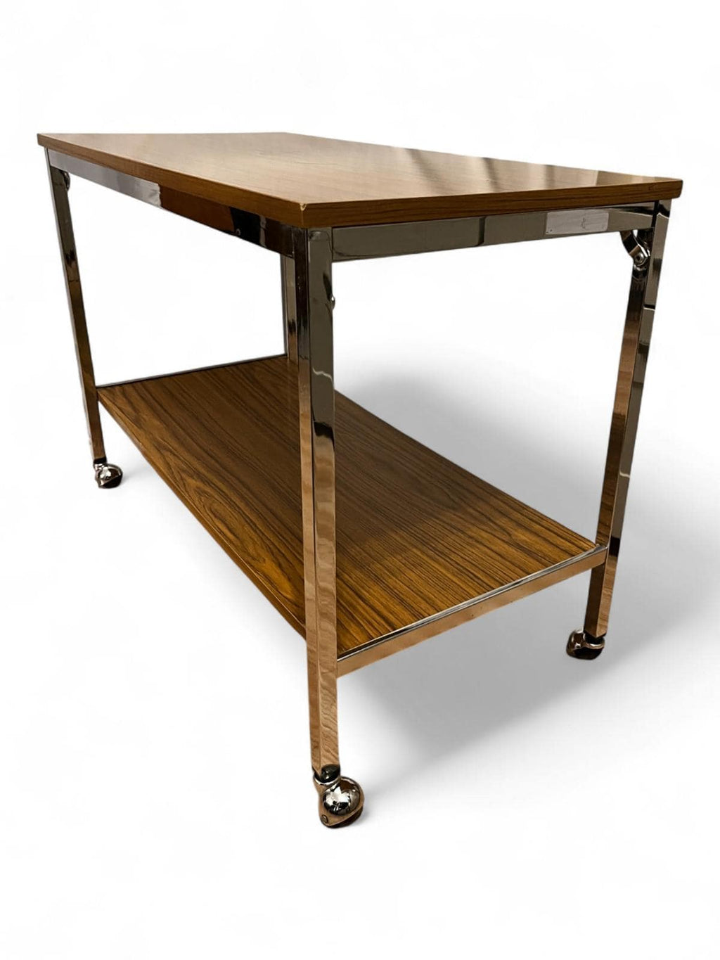 Mid Century Chrome & Teak Effect Side Table / Drinks Trolley on Castors 80cm