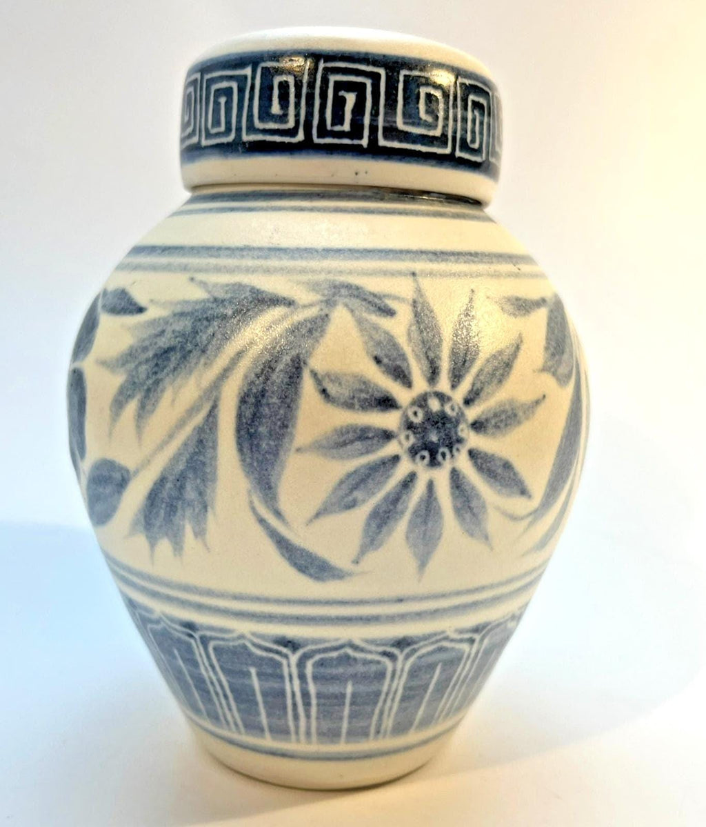 Muriel p wright pottery jar, vintage blue white salt glaze lidded signed 1970s