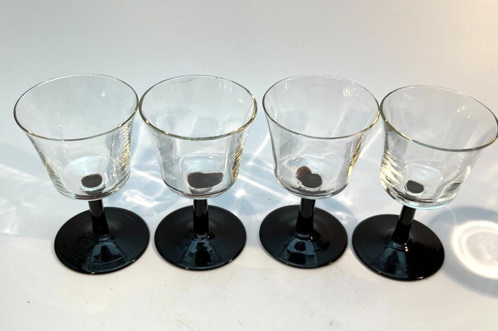 Set of 4 Vintage Stemmed Glasses. Liquor Glasses with Black Glass Stems