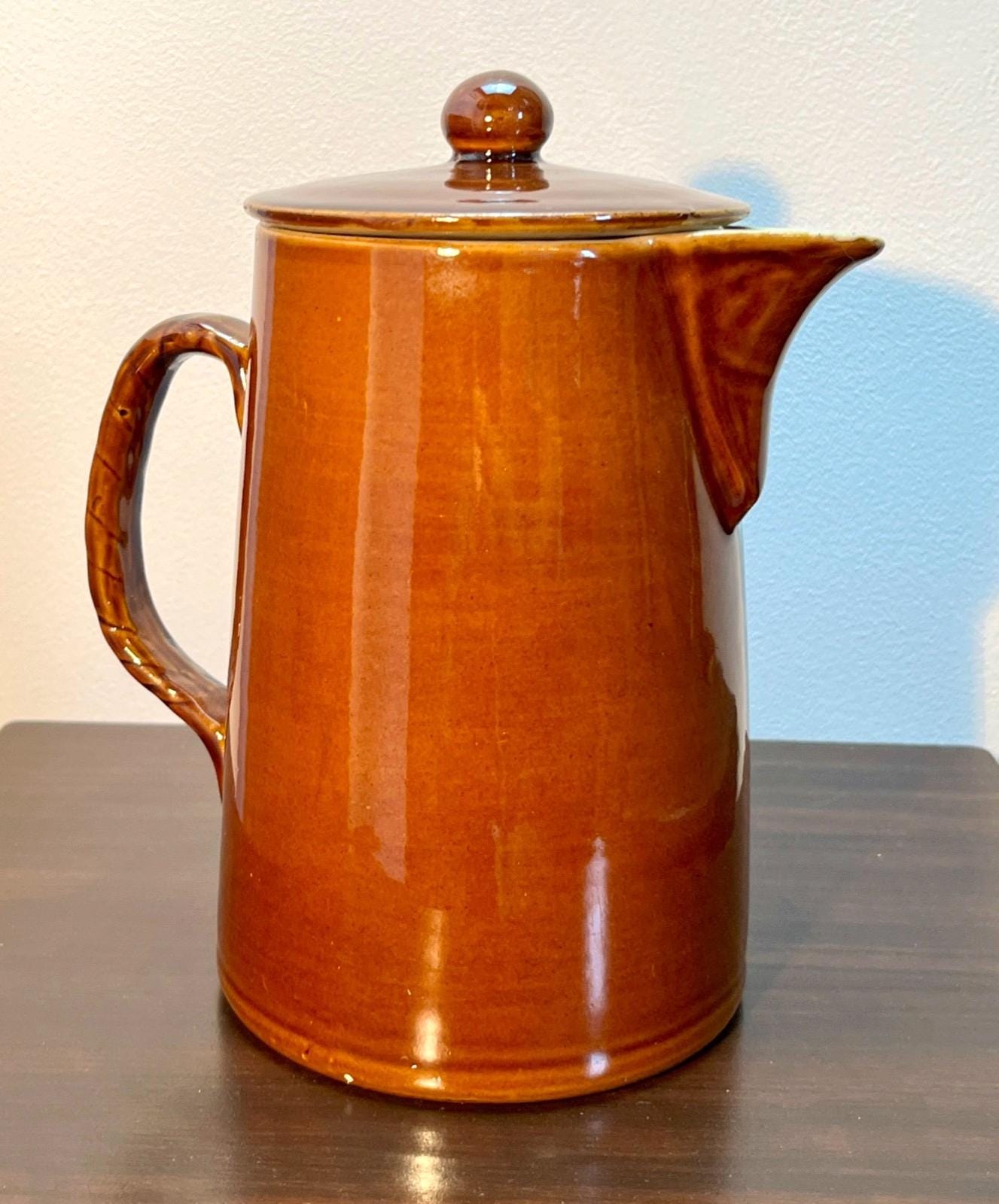 Vintage Brown Glazed Stoneware Coffee Pot with Lid – Rustic Retro Kitchenware