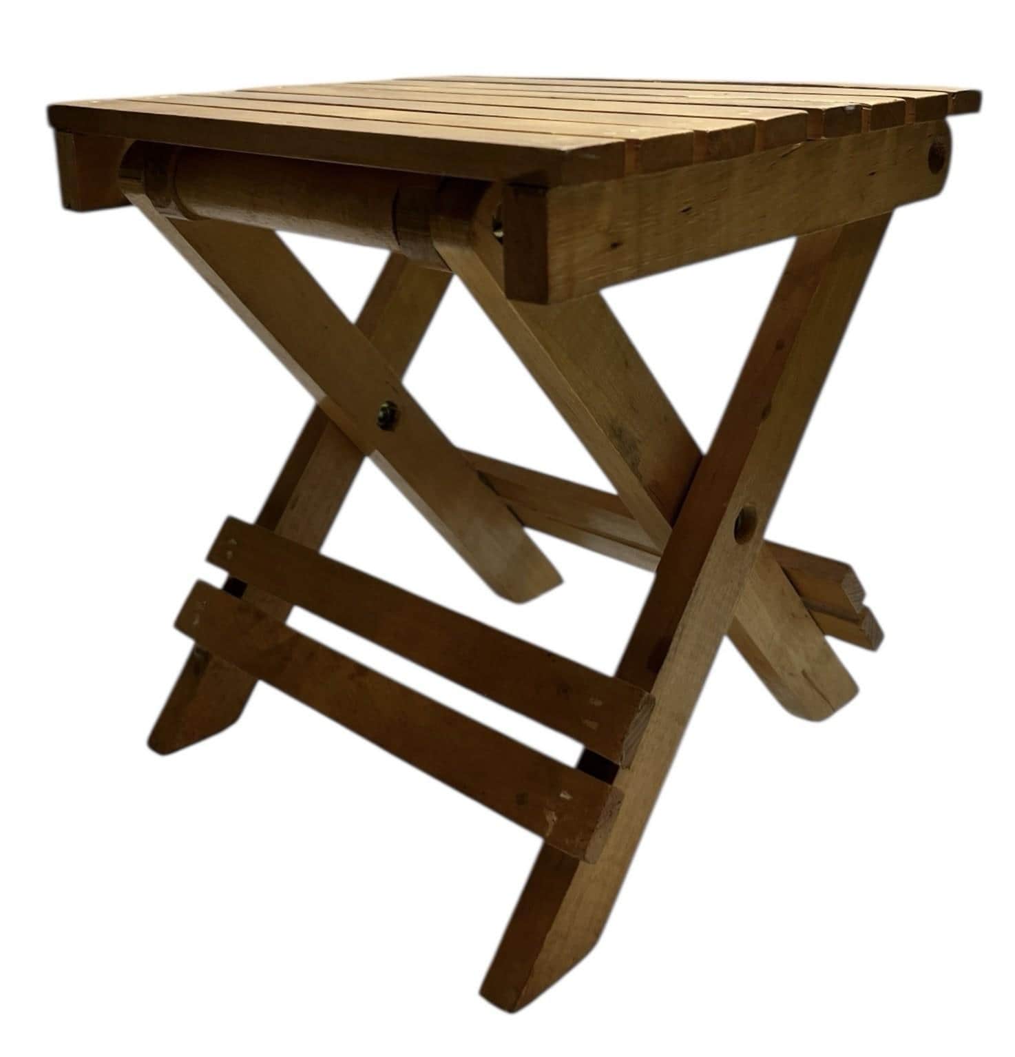 Vintage Folding Wooden Slatted Stool / Mini Table – Compact Portable Seat