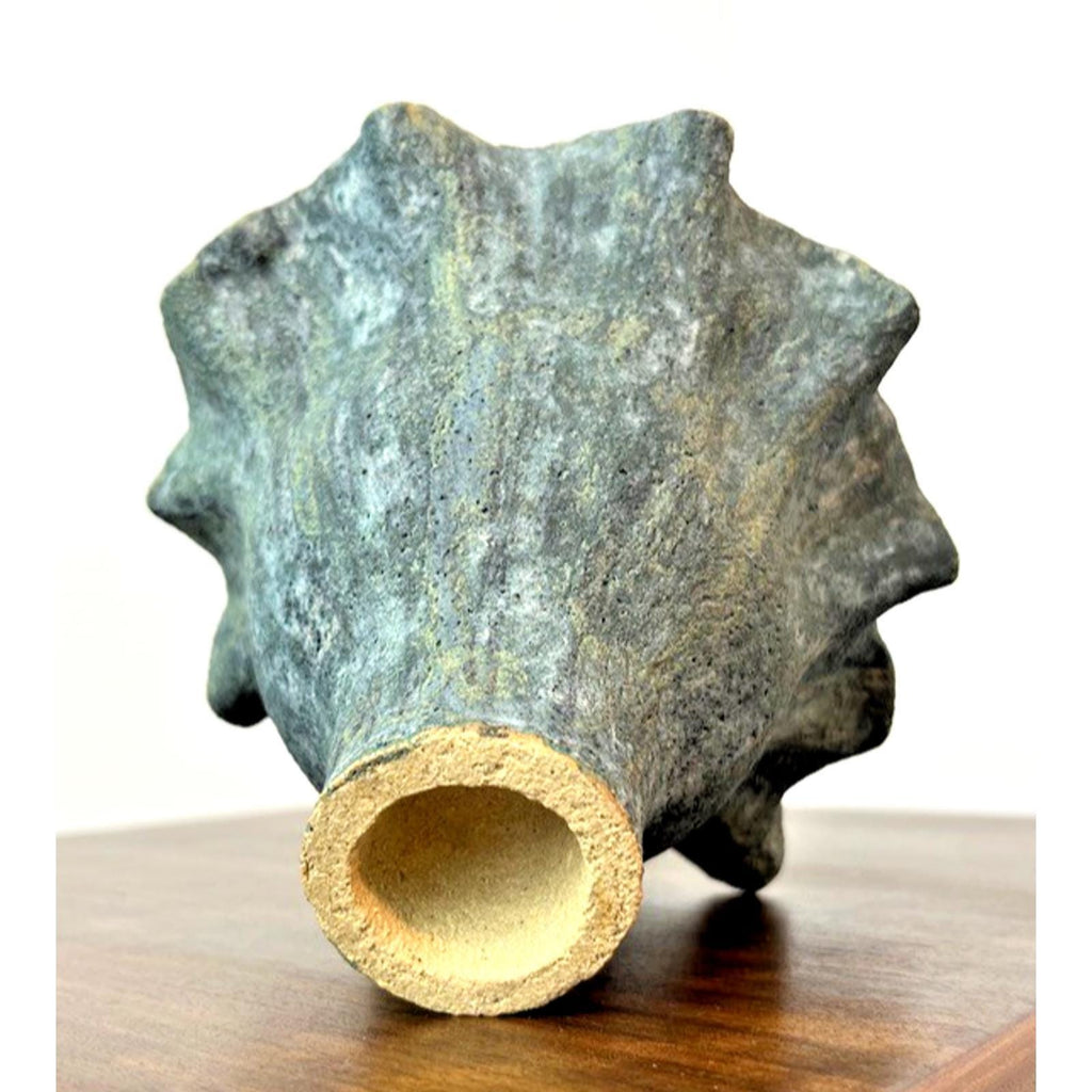 Signed handmade ikebana vase, vintage green handkerchief pottery, art sculpture