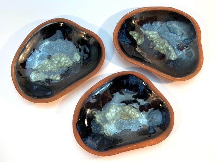 Vintage blue & green glazed terracotta trinket dish trio – handmade set