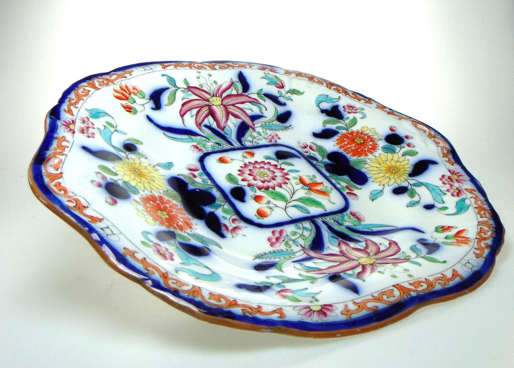 Antique Chinese Pattern Plate in Red, Blue, Yellow, Green and White. Decorative Collectors Plate
