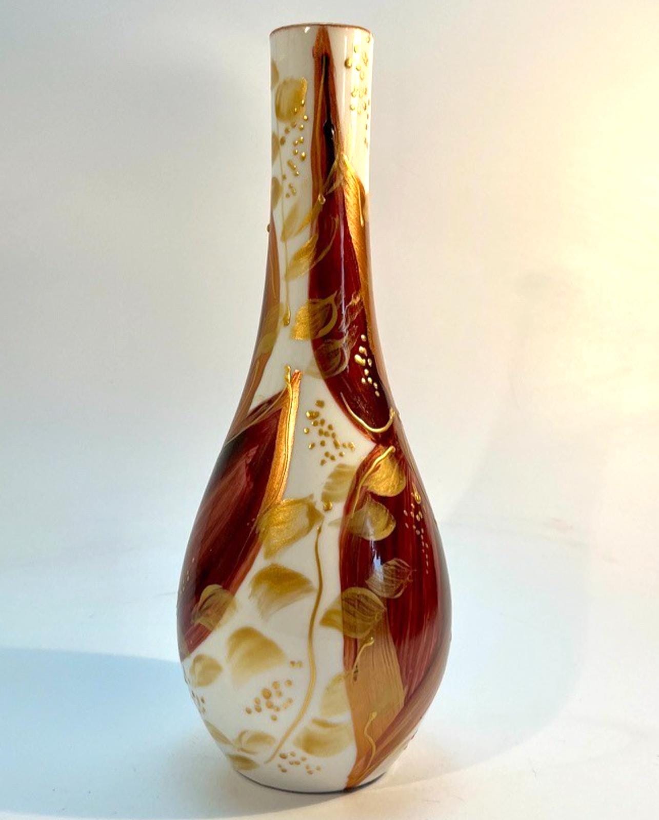 Vintage Hand Decorated Art Glass Vase – Brown & Gold Metallic Enamel, H20cm